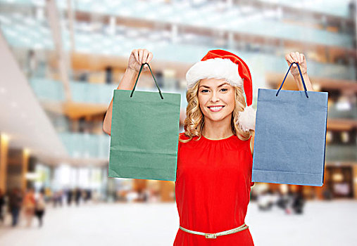 销售,礼物,圣诞节,休假,人,概念,微笑,女人,红裙,圣诞老人,帽子,购物袋,上方,商场,背景