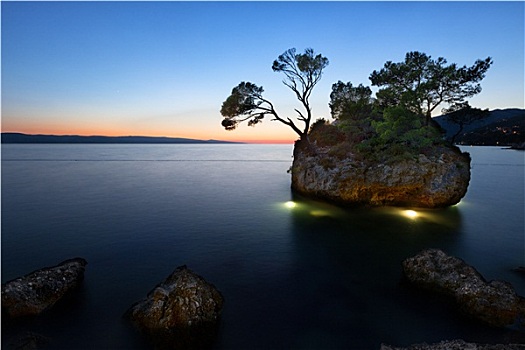 日落,海滩,石头,亚德里亚海,克罗地亚
