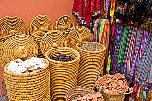 市场,货摊,调味品,茶,物品,使用,销售,大,篮子,露天市场,集市,麦地那,老城,玛拉喀什,摩洛哥,非洲