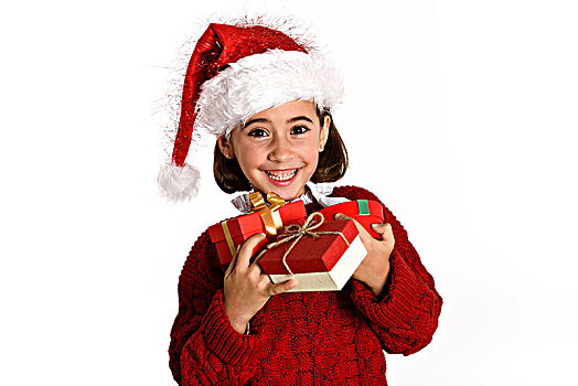 小女孩,戴着,圣诞帽,许多,礼盒,圣诞节,白色背景,背景