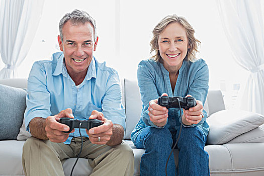 幸福伴侣,玩电玩,一起,沙发,在家,客厅