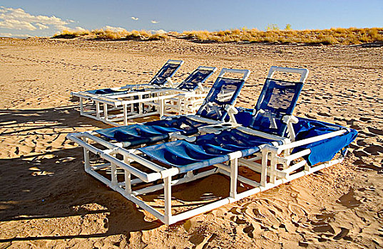 蓝色,白色,沙滩椅,躺椅,沙滩,沙丘,背景