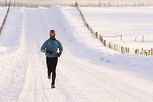 女人,慢跑,冬天,乡村道路,靠近,爱达荷,美国