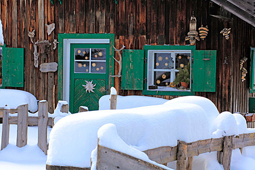积雪,阿尔卑斯小屋,冬天