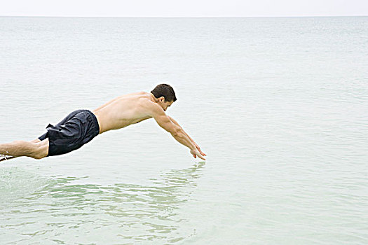 男人,跳水,海洋,侧面视角