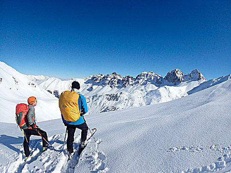 奥地利,山谷,两个男人,北欧滑雪,姿势,正面,山脉