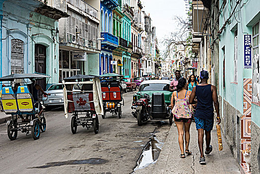 古巴,哈瓦那,地区,街景,人力三轮车