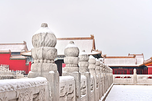 雪后故宫的汉白玉望柱