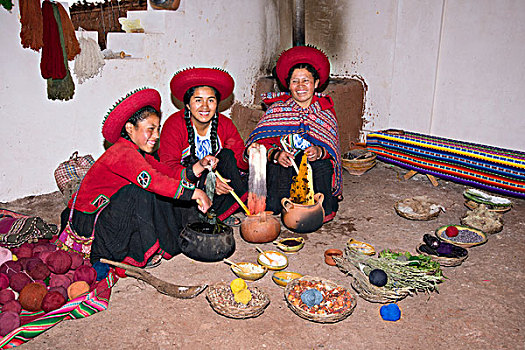 三个,女人,局部,编织,合作,秘鲁,准备,上色,毛织品,毯子,编织物,大幅,尺寸