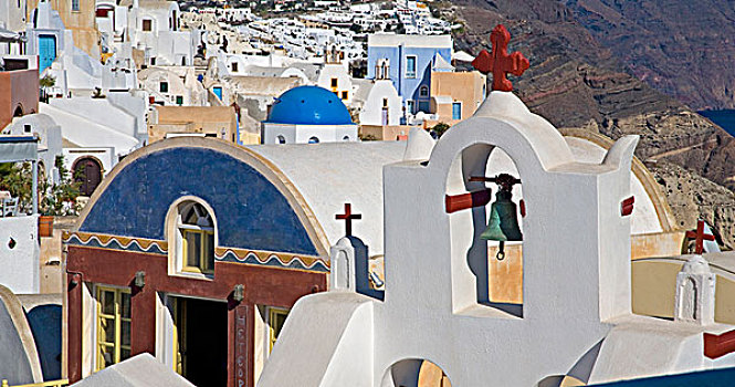 希腊,岛屿,锡拉岛,城镇,蓝色,球形,教堂,彩色,围绕,钟楼