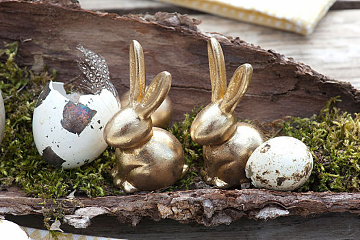 怪异,复活节餐桌,装饰,金色,复活节兔子
