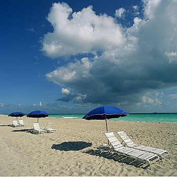 沙滩椅,伞,海滩,迈阿密海滩,迈阿密,佛罗里达