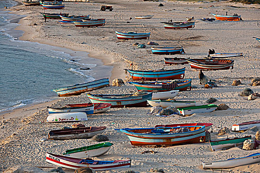 突尼斯,哈马麦特,水岸,海滩,渔船,俯视图,黃昏