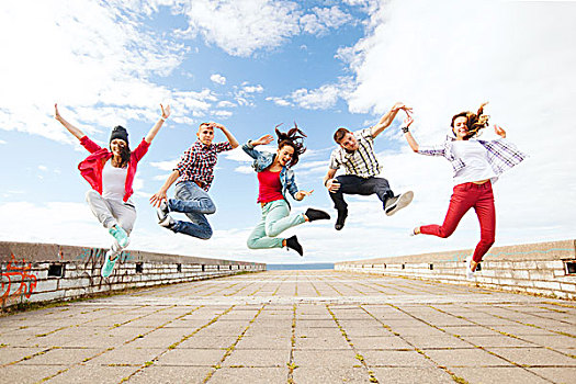 夏天,运动,跳舞,青少年,生活方式,概念,群体,跳跃