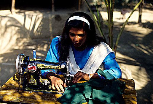 乡村,女人,缝合,布,孟加拉