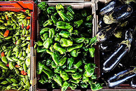 变焦,蔬菜,辣椒,胡椒,茄子,新鲜,市场,法兰西堡,马提尼克,法国
