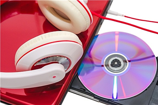 便携电脑,dvd,光盘,红色,白色,耳机