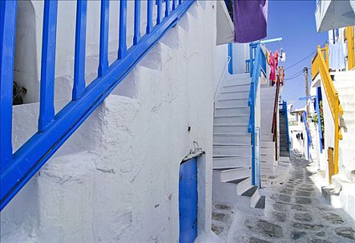 特色,彩色,楼梯,栏杆,涂绘,地面,石头,摩托车,狭窄,小路,米克诺斯岛,基克拉迪群岛,希腊,欧洲