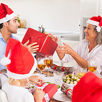 家庭,交换,圣诞礼物,餐桌,穿,圣诞帽