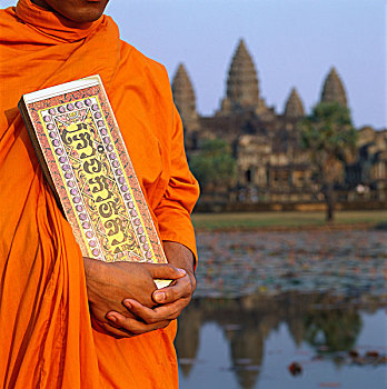 柬埔寨,收获,省,吴哥窟,和尚,拿着,佛教,手稿