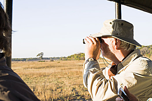 老人,向外看,双筒望远镜,旅行队,国家公园,赞比亚