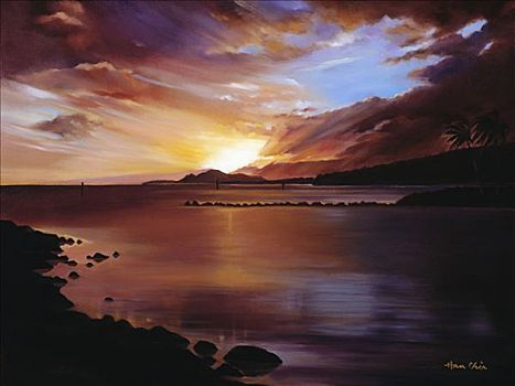 日落,夏威夷,瓦胡岛,风景,上方,海洋,油画