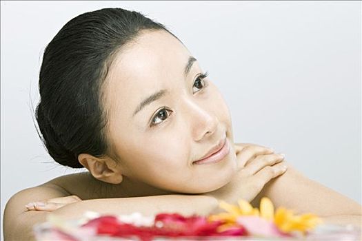 年輕,女人,肖像,花,水上,特寫