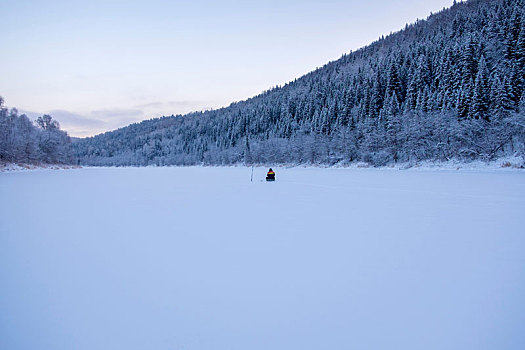 风景,远景,钓鱼,男人,积雪,冰冻,湖