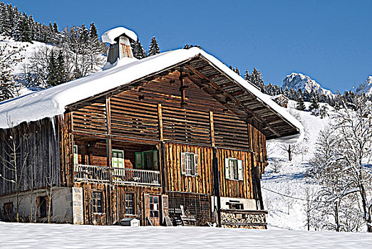 法国,阿尔卑斯山,上萨瓦省,木房子,冬天