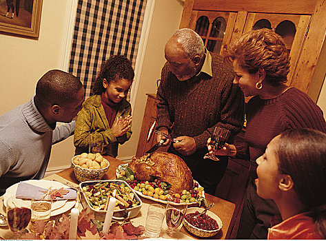 爷爷,雕刻,火鸡,感恩节,晚餐,桌子