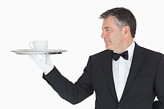 服务员,套装,拿着,银色托盘,杯子,白色背景,背景