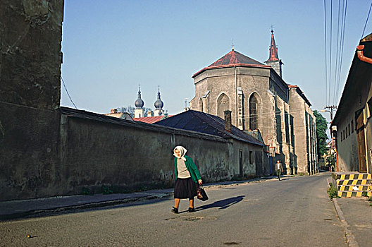 老太太,走,街道,布拉格,捷克共和国