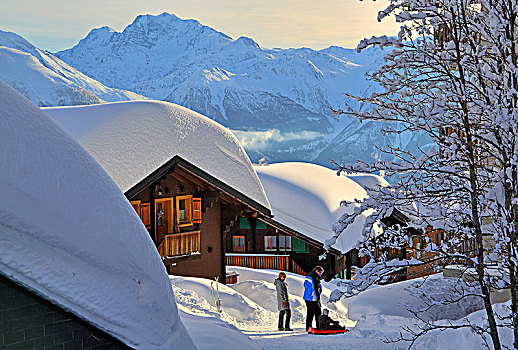 深,雪,木制屋舍,背影,贝特默阿尔卑,阿莱奇地区,瓦莱,瑞士,欧洲