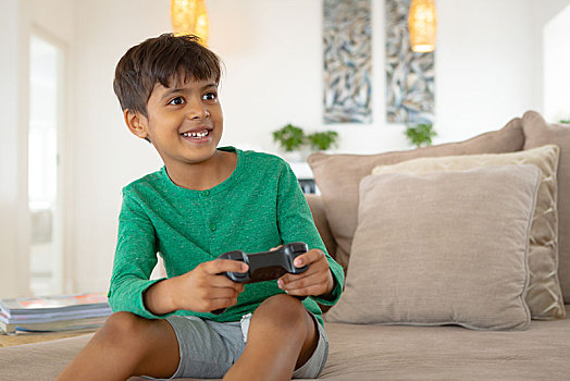 男孩,玩,电子游戏,沙发,客厅,舒适,家