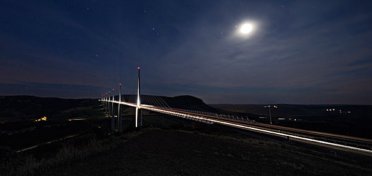 俯视,吊桥,法国,夜晚,时间,月亮,亮光,罐,风景,发光,桥