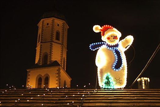 光亮,雪人,木屋,圣诞市场,巴登符腾堡,德国,欧洲