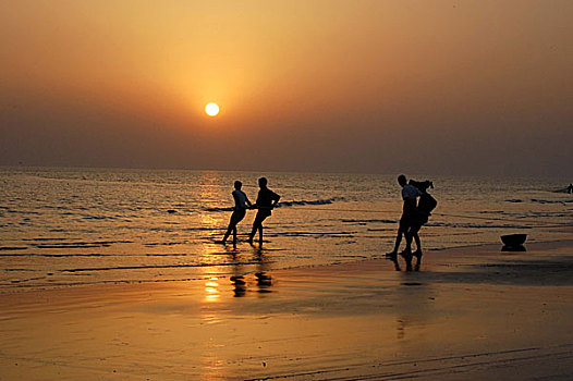 渔民,拉拽,渔船,海滩,孟加拉,女儿,海洋,一个,自然,斑点,全景,上升,夕阳,湾