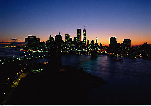 布鲁克林大桥,曼哈顿,天际线,黄昏,纽约,美国