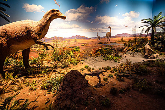 展览馆中的恐龙生活场景