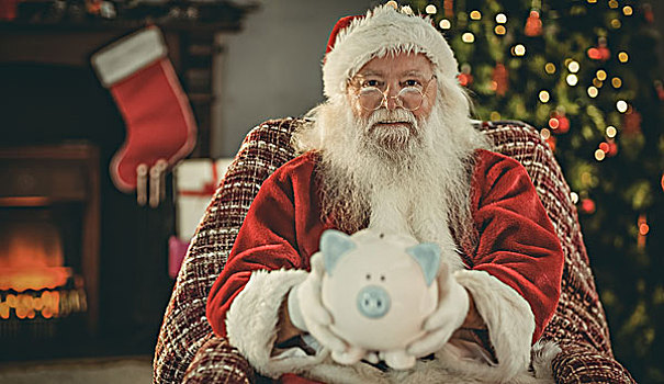 微笑,圣诞老人,给,存钱罐,在家,客厅