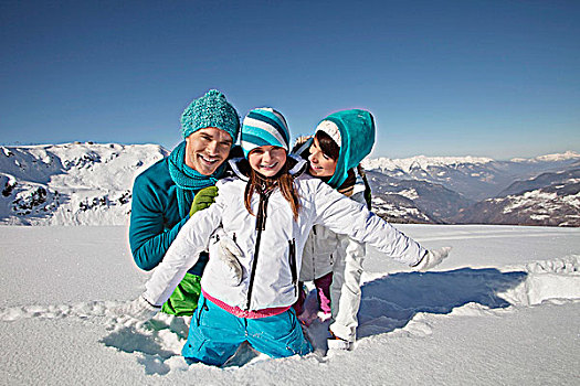 伴侣,女儿,滑雪,穿戴,玩,雪中