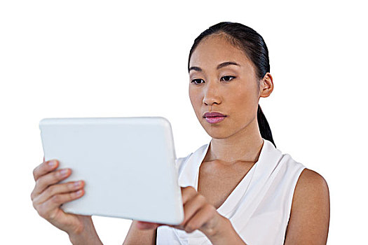 特写,年轻,职业女性,平板电脑,白色背景