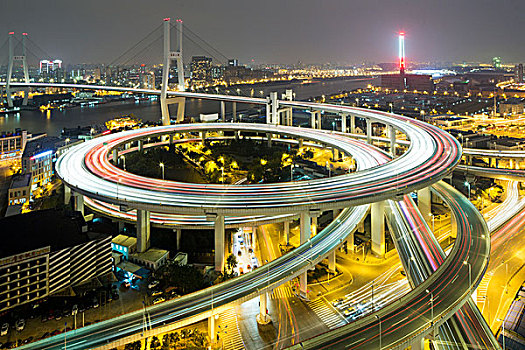 中国,上海,俯视,交通,公路,高速公路,高架路,一堆,层次,入口,桥,上方,黄浦江