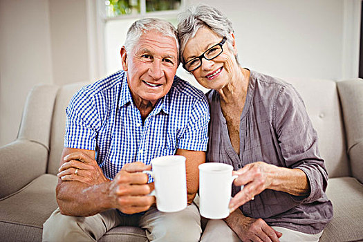 老年,夫妻,咖啡,客厅,头像,坐,沙发