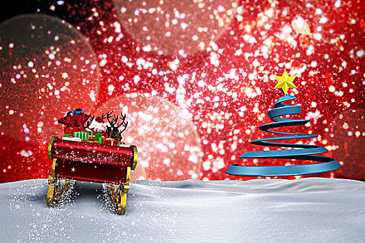 合成效果,图像,圣诞老人,飞,雪撬,圣诞树,形状,红色,微光