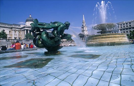 英格兰,伦敦,喷泉,中间,特拉法尔加广场,两个,花冈岩,广场,特征,美人鱼,海豚,青铜