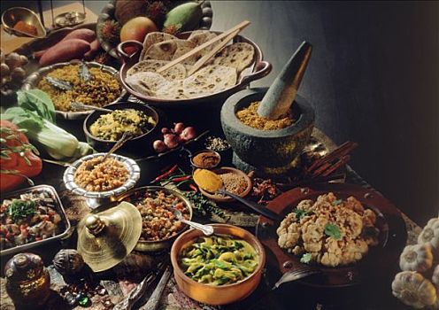 印度,自助聚餐会,蔬菜,扁平面包