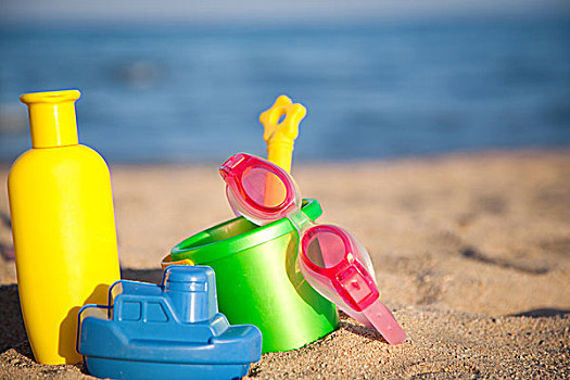 儿童玩具,沙子,防晒液,海滩,夏天,假期,概念