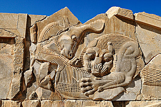 浅浮雕,争斗,狮子,考古,场所,波斯波利斯,世界遗产,波斯,伊朗,亚洲