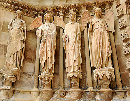 雕塑,右边,左边,门口,西部,大教堂,圣母院,世界遗产,兰斯,香槟,法国,欧洲